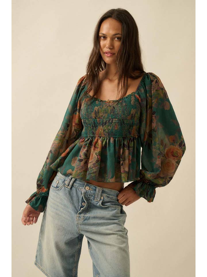 Promesa USA - Wholesale Blouse - Women's - Floral-Print Smocked Sweetheart Peplum Peasant Top6