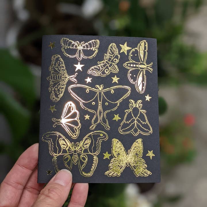 Moths - Gold Foil on Black - Blank Card for wholesale by Natalie V. Mason