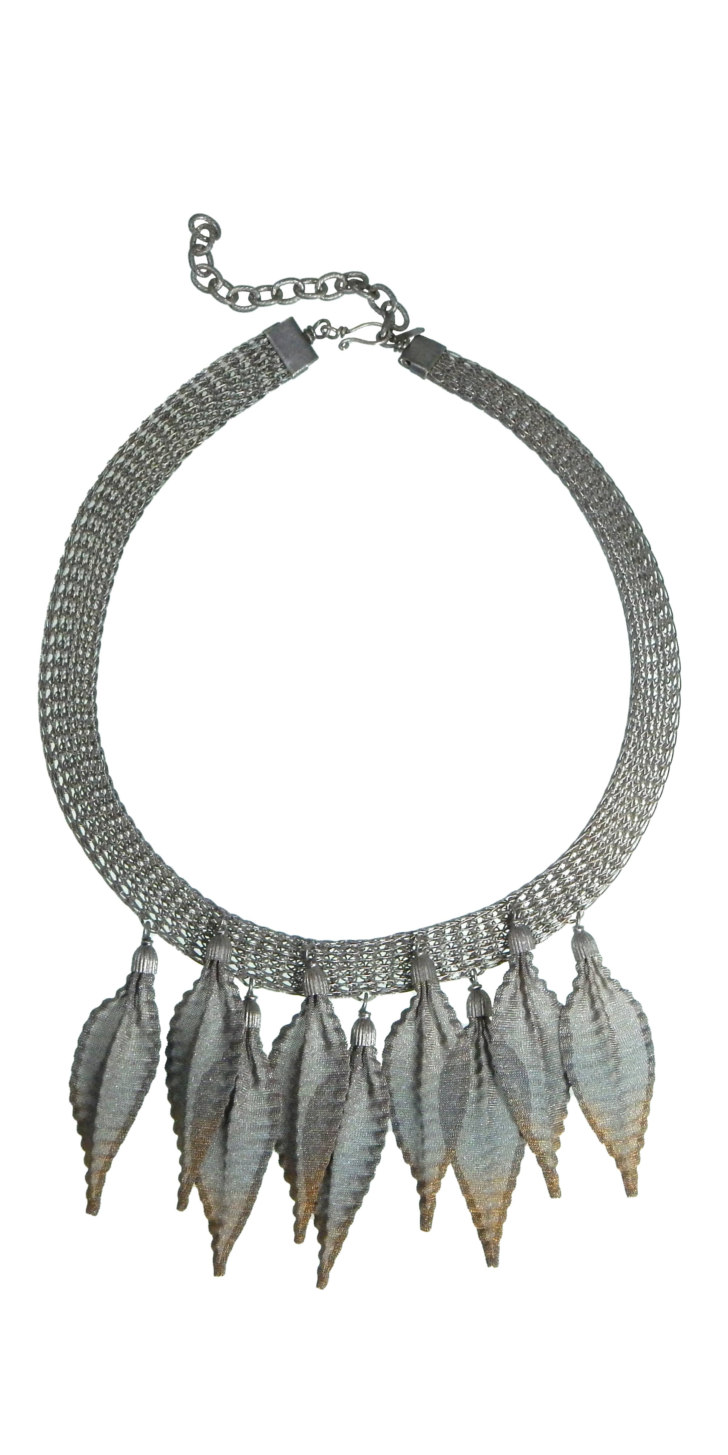Sarah Cavender Metalworks – wholesale Bib necklace – 18" Plumage Feather Necklace on Viking Knit Band0