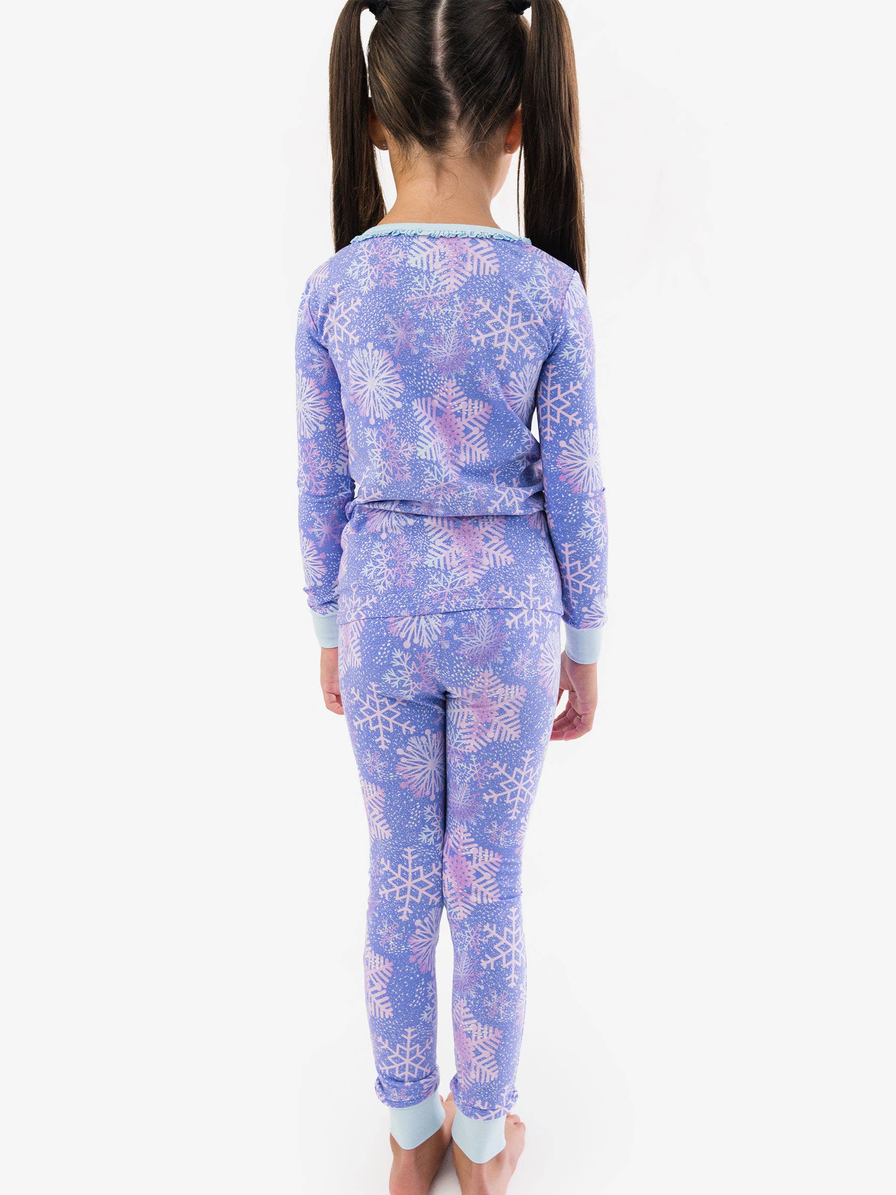 Blue SoftSnooze™ Girls Cotton Modal Shimmer Snowflakes Ruffle Long Sleeve Pajama Set for wholesale on Faire3