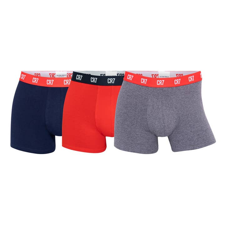 CR7 Underwear – Roupa interior - Homem por atacado – CR7-Boxers Homem em Algodão Orgânico PACK de 3 unidades cores Sortidas, Cinza-Vermelho-Marinho, Elástico CR7 contraste