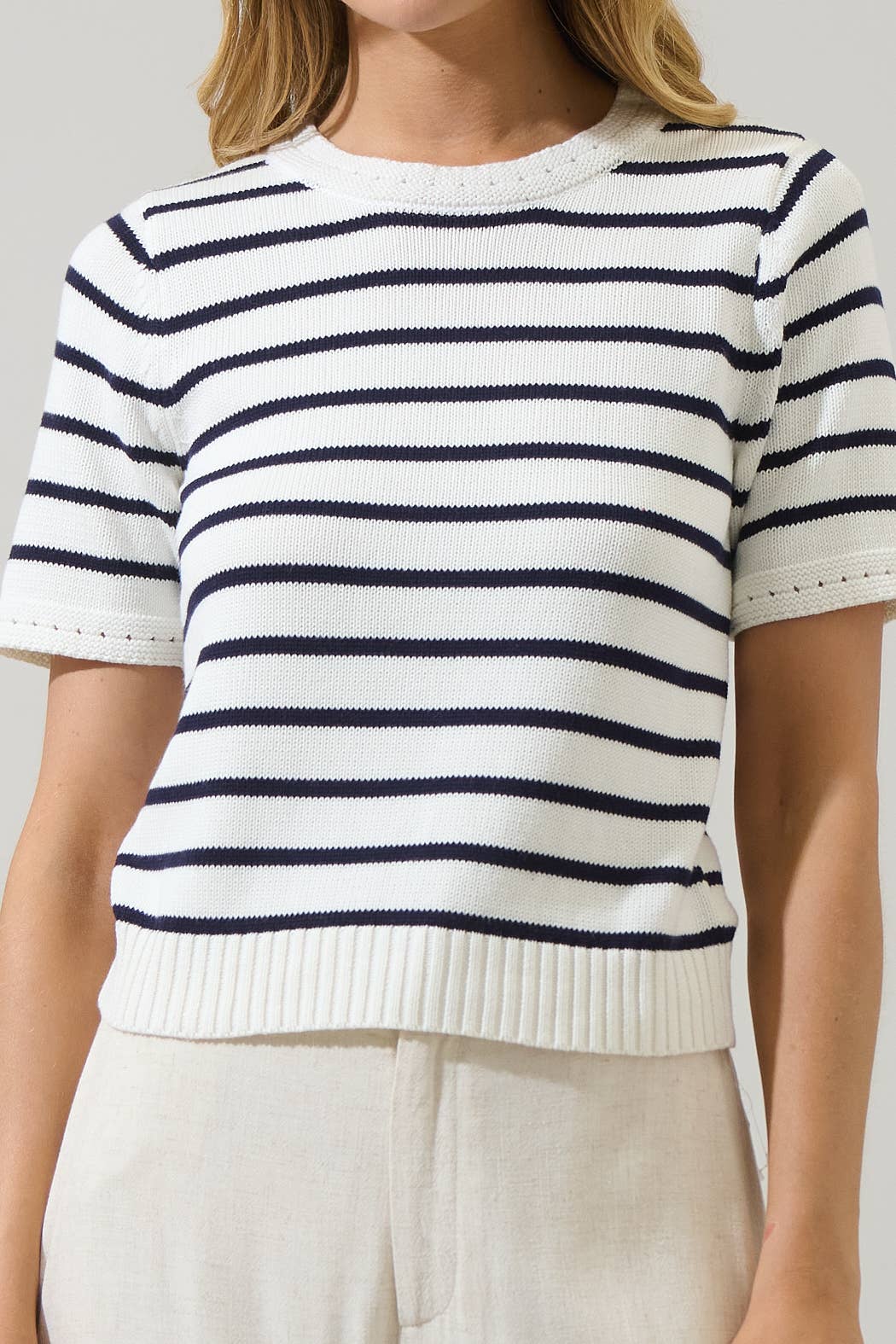 White Navy Tessie Stripe Short Sleeve Sweater Top for wholesale on Faire4