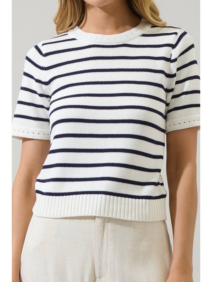 White Navy Tessie Stripe Short Sleeve Sweater Top for wholesale on Faire4