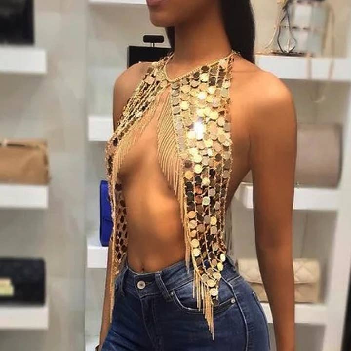 Sequin Tassel Halter Top Body Chain Bra Necklace for wholesale by Sensibling Corp.