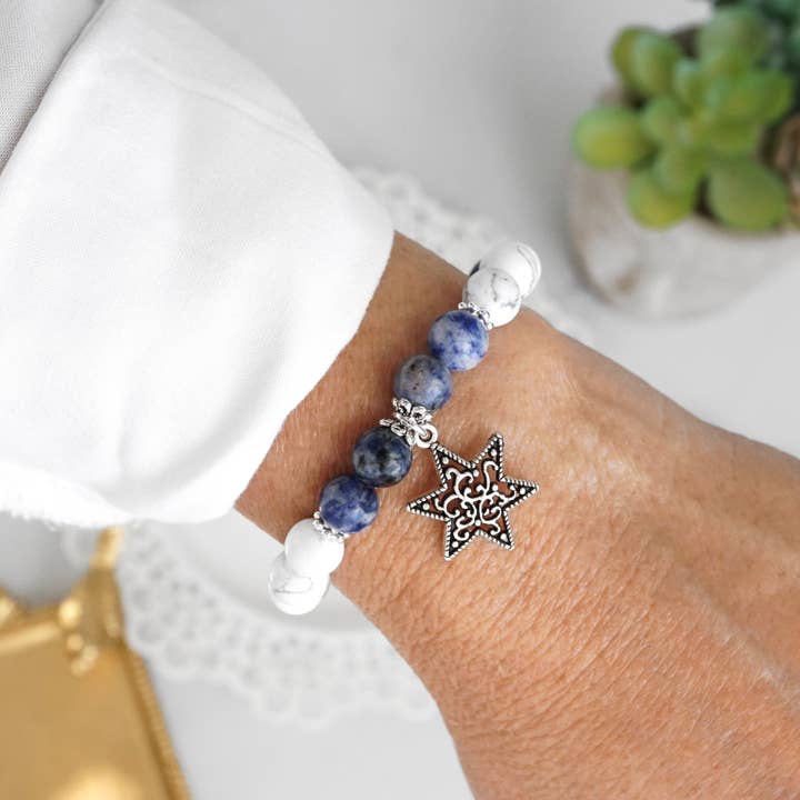 PennyLine inc - Wholesale Beaded Bracelet - Star of David Israel Semi Precious Beads Blue White Bracelet