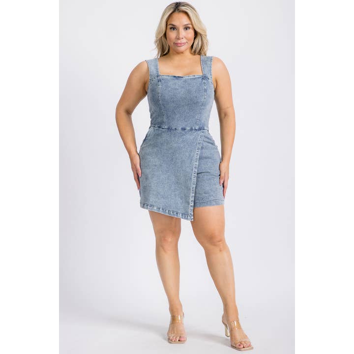 PLUS SIZE DENIM SQUARE NECK ASYMMETRIC SKORT ROMPER for wholesale by Curve Market
