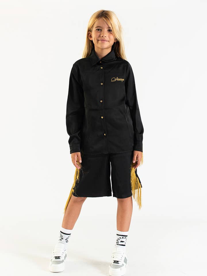 Conjunto de cetim com franjas douradas para menina por atacado de Startup Wear