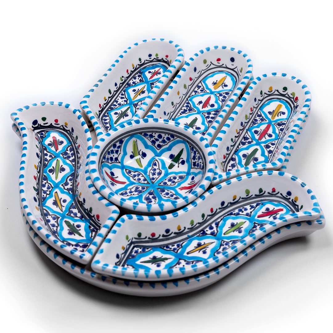 Kamsah - Wholesale Serving Plate - Handmade Turquoise Hamsa Ceramic Dipping & Serving Set1