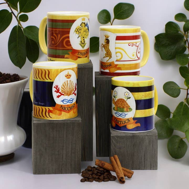 SublimArt - Vendita all'ingrosso Tazza - PALIO DI SIENA: Tazza in porcellana stampata Set da 4 pezzi: NICCHIO+DRAGO+MONTONE+TARTUCA