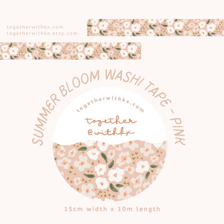 Summer Bloom - Ruban Washi rose 15 mm pour la vente par togetherwithkx