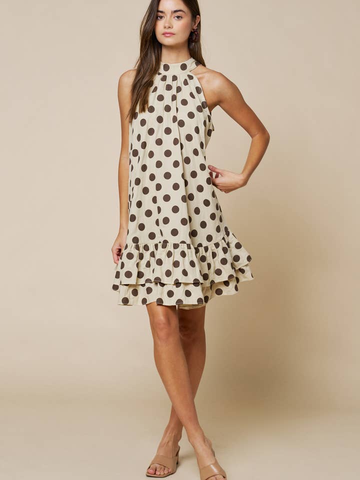 Polka Dot Mock Neck Ruffled Layered Hem Shift Dress for wholesale by Lalavon