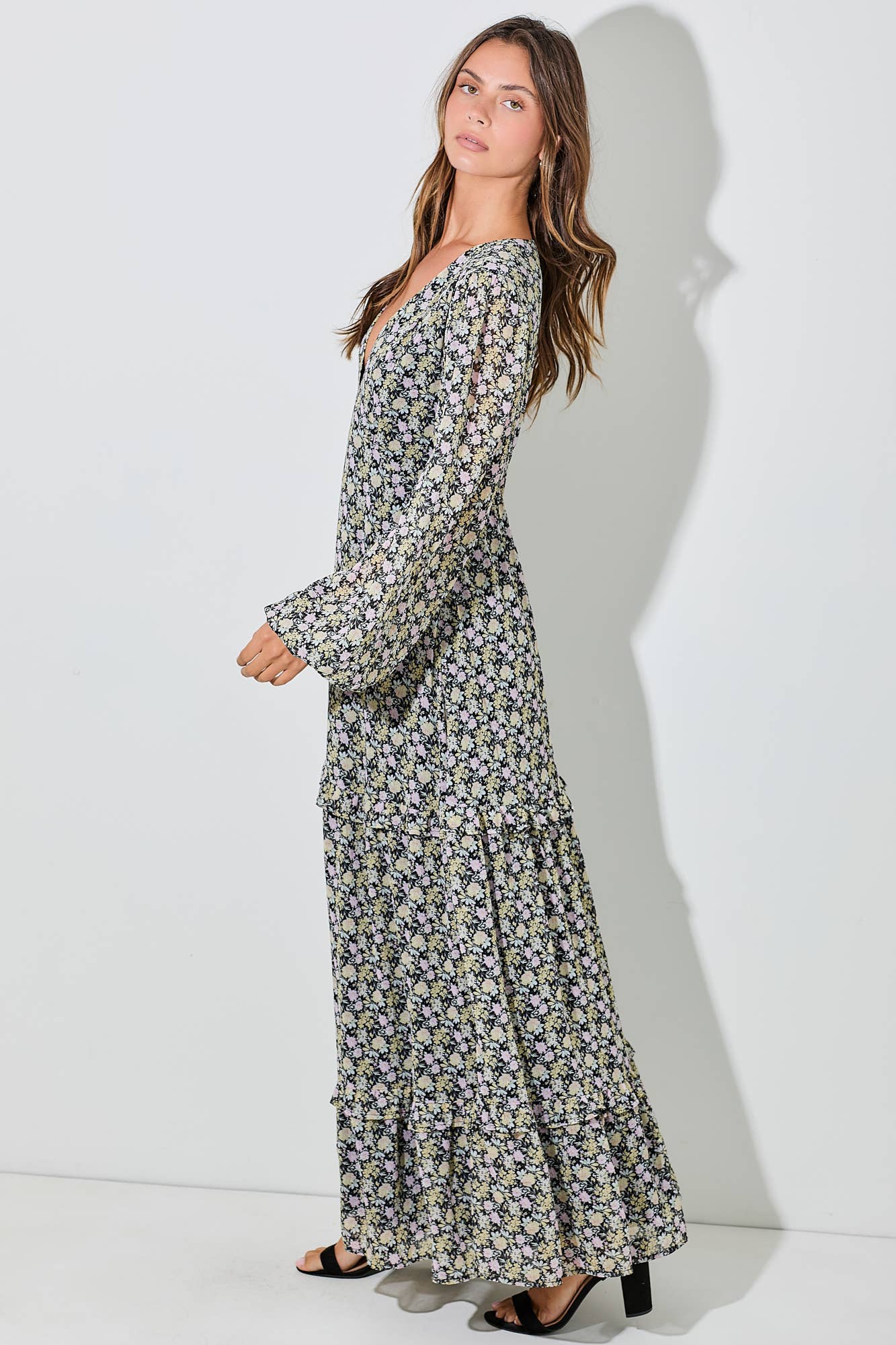 BLACK MULTI FLORAL CHIFFON MAXI DRESS for wholesale on Faire1