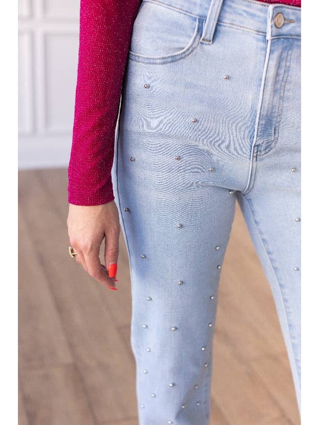Denim Light Wash Straight Leg Jean with Studs for wholesale on Faire