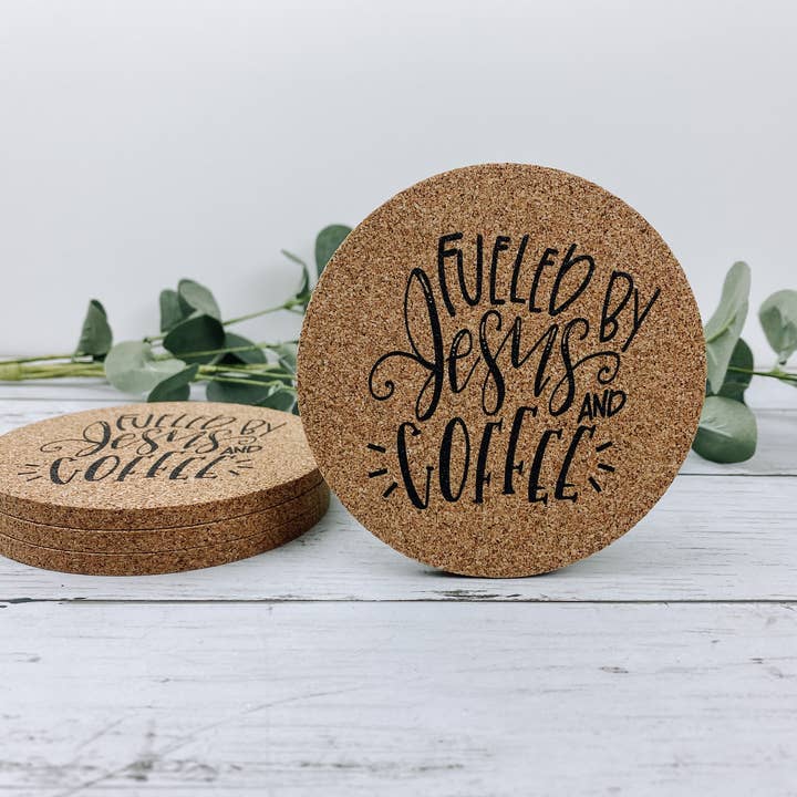 Fueled By Jesus And Coffee Cork Coasters for wholesale by WT Custom Designs