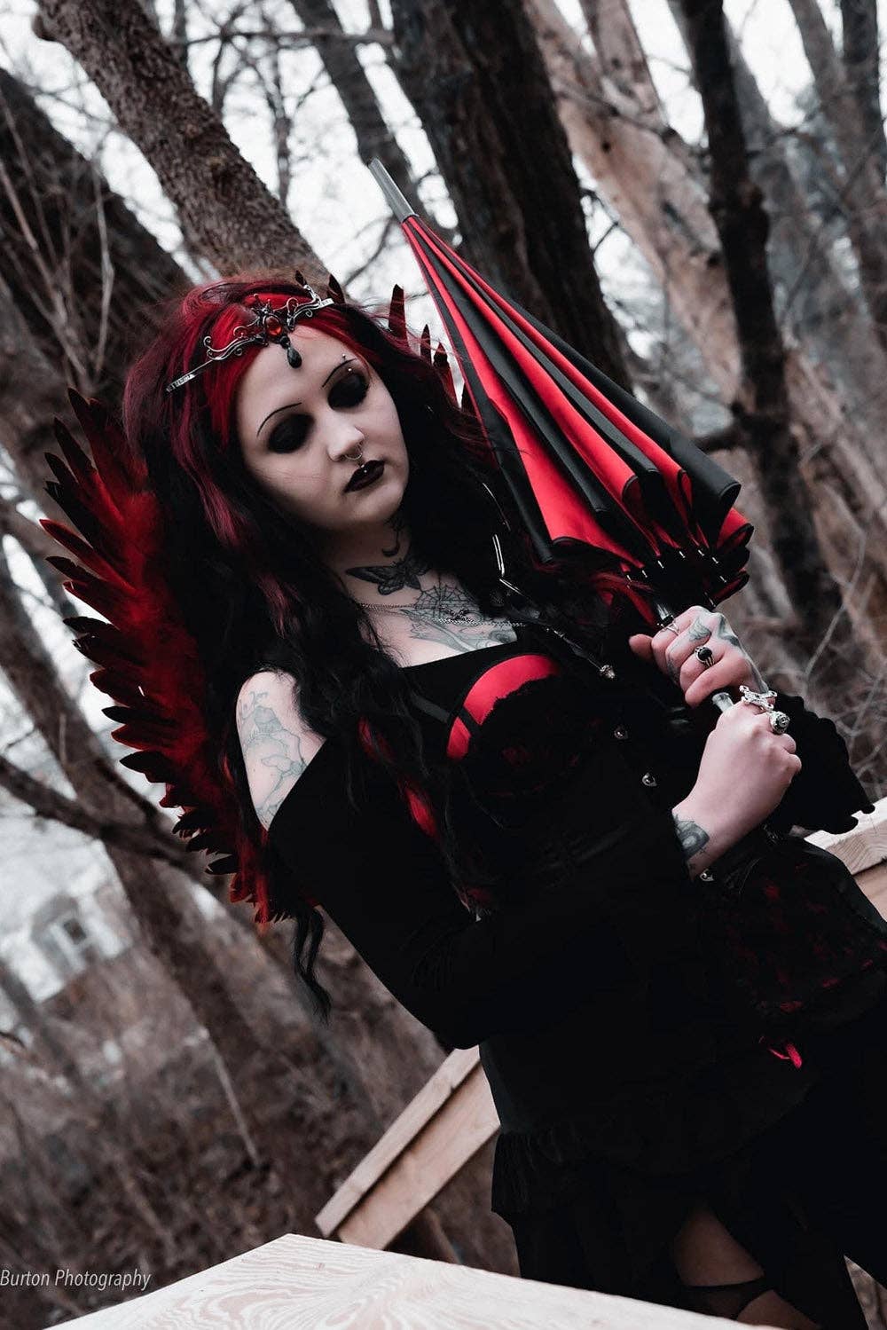 vampirefreaks – Guarda-chuva - Mulher por atacado – Guarda-Chuva Pagoda [Preto/RISCAS VERMELHO]2