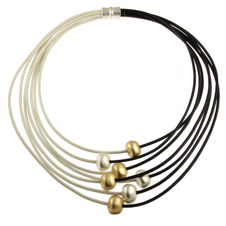 White and black with gold accents leather necklace for wholesale by Origin Jewelry