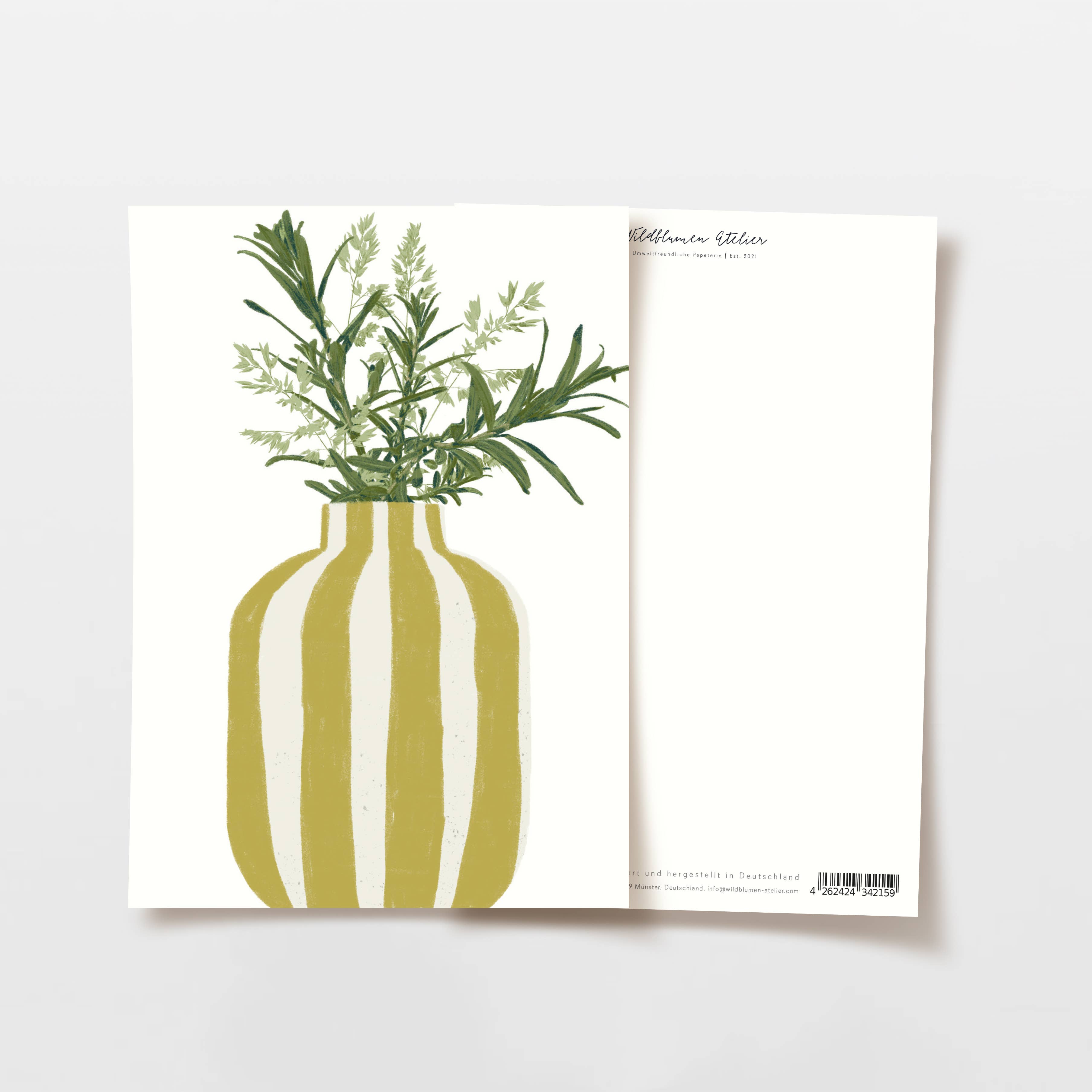 Wildblumen Atelier – wholesale Postcard – Postcard Vase Yellow Stripes Sea Buckthorn Branches, FSC