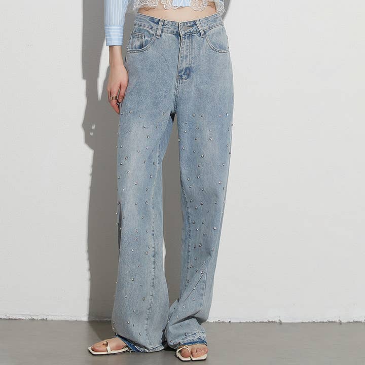Blue HIGH WAISTED STUDDED PEARL STRAIGHT LEG JEANS_CWJP0197 for wholesale on Faire