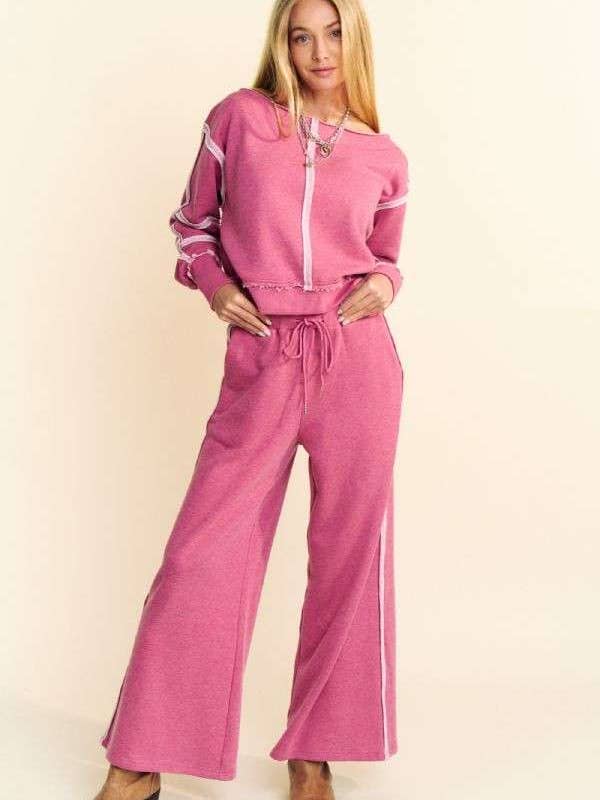 Davi & Dani - Wholesale Top & Pant Set (NOT Loungewear) - Women's - RAW EDGE OUTSEAM TOP ELASTIC WAISTBAND PANTS SET