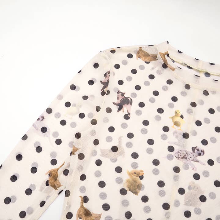 Rosa Clothing - Wholesale T-Shirt - Women's - Y2K Polka Dots Cat and puppy prints sheer mesh fitted top3