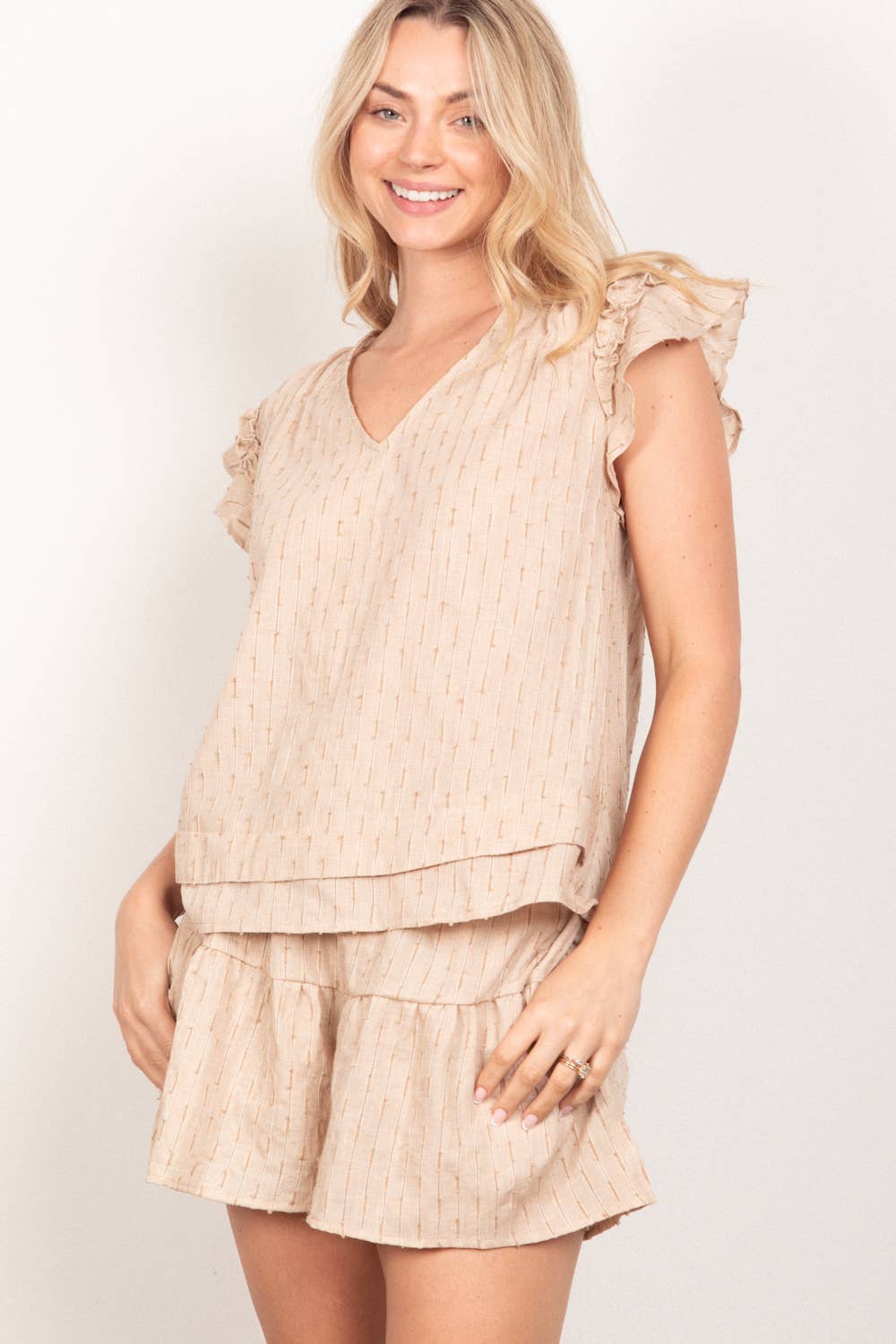 VERY J - Wholesale Lounge Set - Women's - NT11539SET-Solid Cotton Woven Cute Top & Shorts Set16