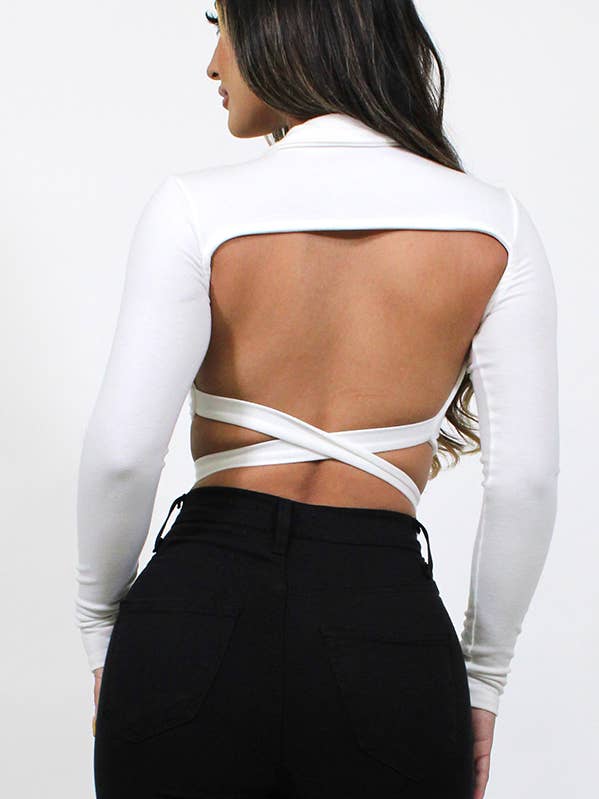 Top de manga larga con cuello abotonado y espalda abierta para venta al por mayor de Junie