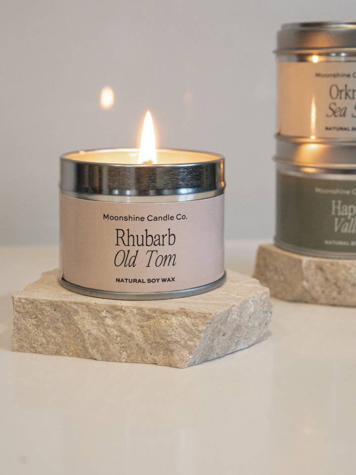 Rhubarb Gin Small Soy Candle Tin - Made in Scotland for wholesale by Moonshine Candle Co.