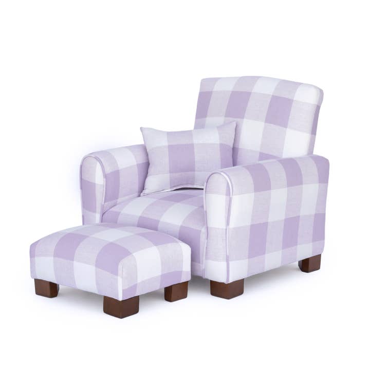 Lavender Check Toddler Armchair with Footstool and Pillow for wholesale by The Rose Hill Company