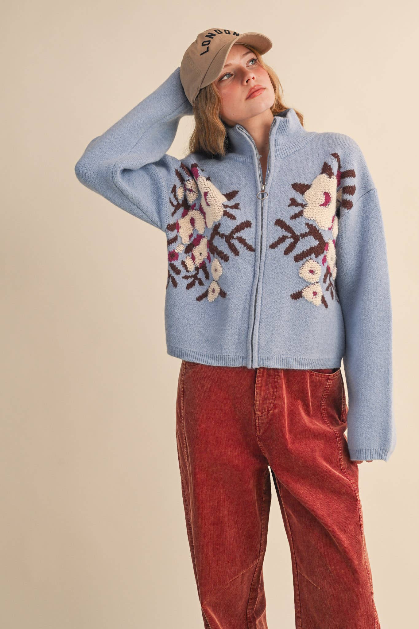 &MERCI - Wholesale Cardigan - Women's - FLORAL ZIP UP SWEATER CARDIGAN MSW1118845