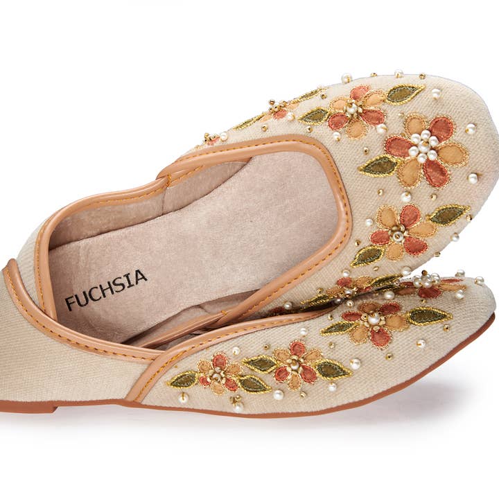 Beige Hand Embellished Flats in US sizes Chaman Padded Jutti for wholesale by Fuchsia