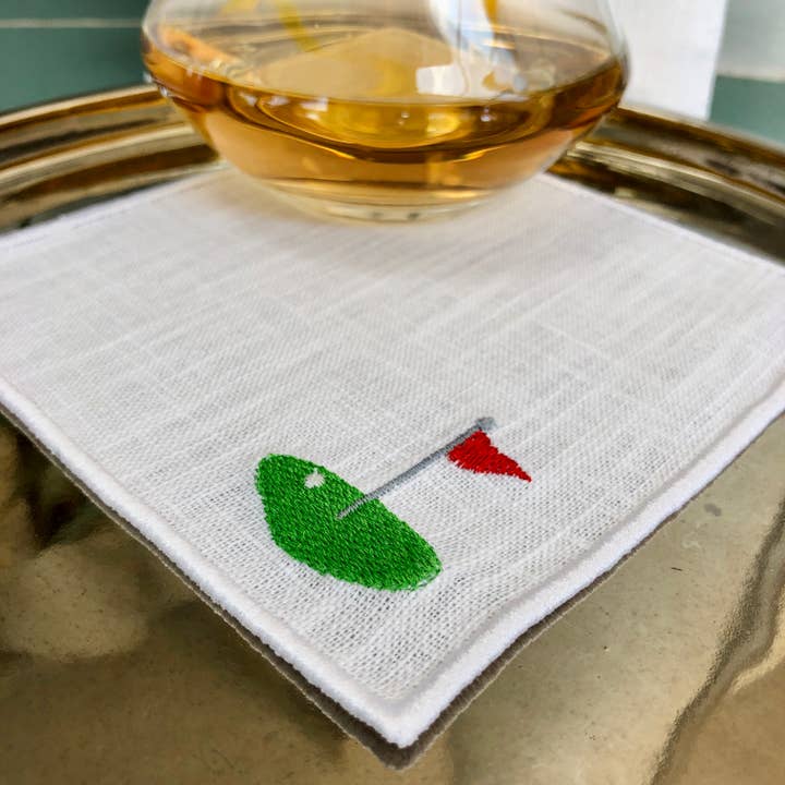Golf Course Embroidered Linen Cocktail Napkins - Set of 4 for wholesale by Belle Linen