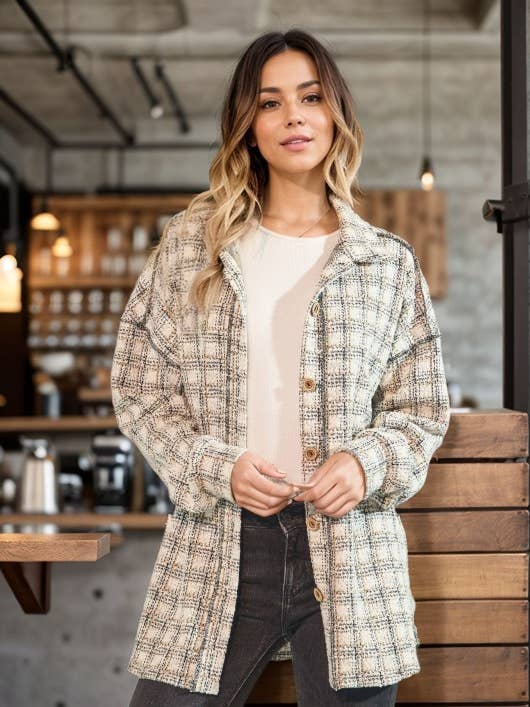 ET7968-11 LONG PUFF SLEEVE PLAID PRINT SHACKET for wholesale by HEIMISH