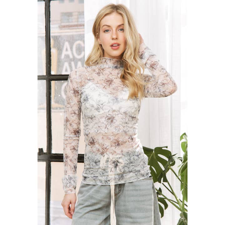 Sweet Generis - Wholesale Knit Top - Women's - CUTE MESH FLORAL PRINT HIGH NECK DESIGN LONG SLEEVE FITTED T18