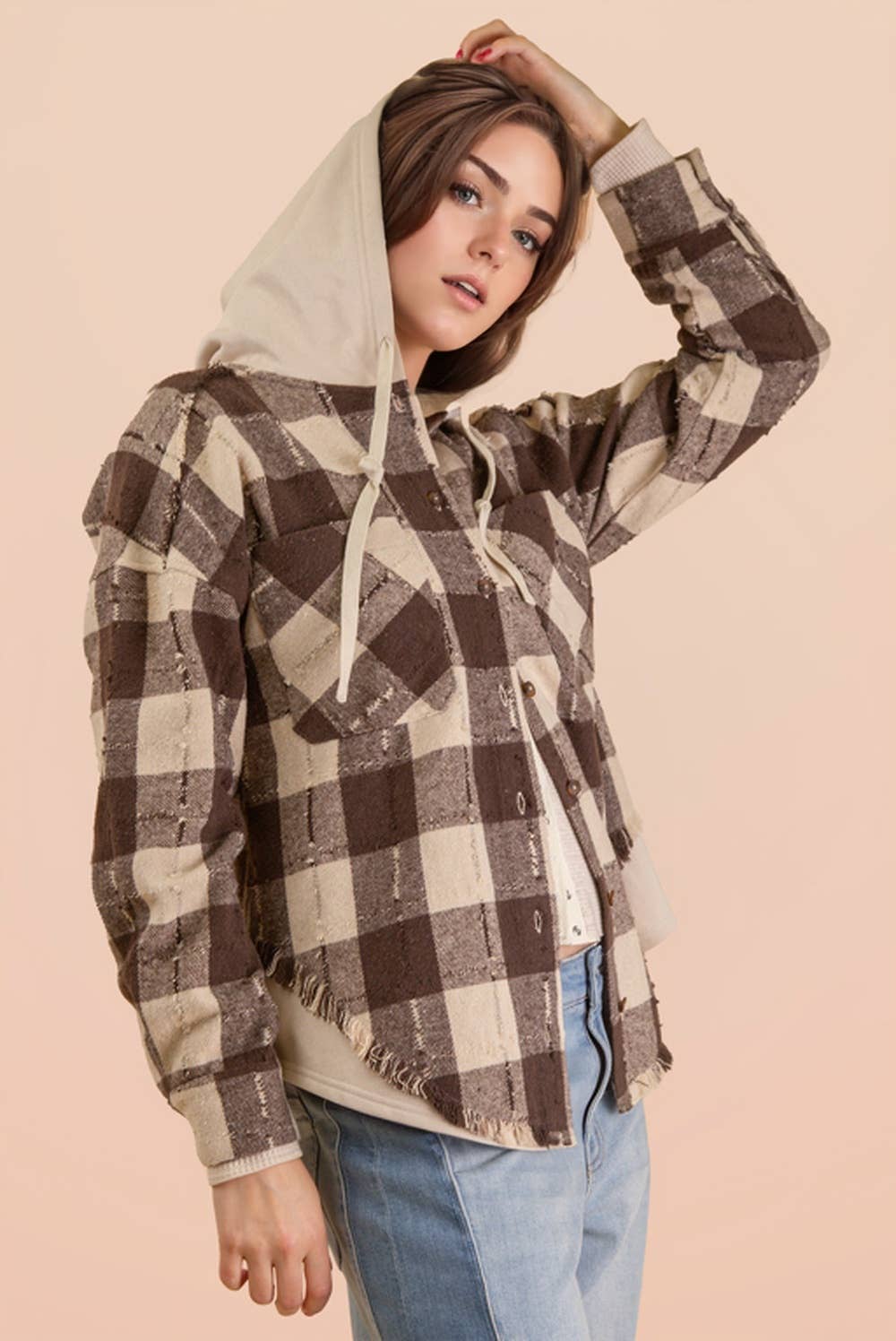 VERY J - Wholesale Jacket - Women's - NT12253-Oversized Flannel Hooded Button Down Jacket11