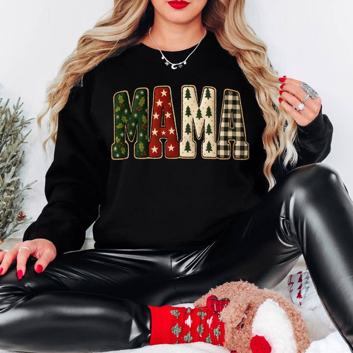 Trendy Transfers – wholesale Sublimation transfer – Patterned Christmas Mama Faux Embroidery DTF Heat Transfer1