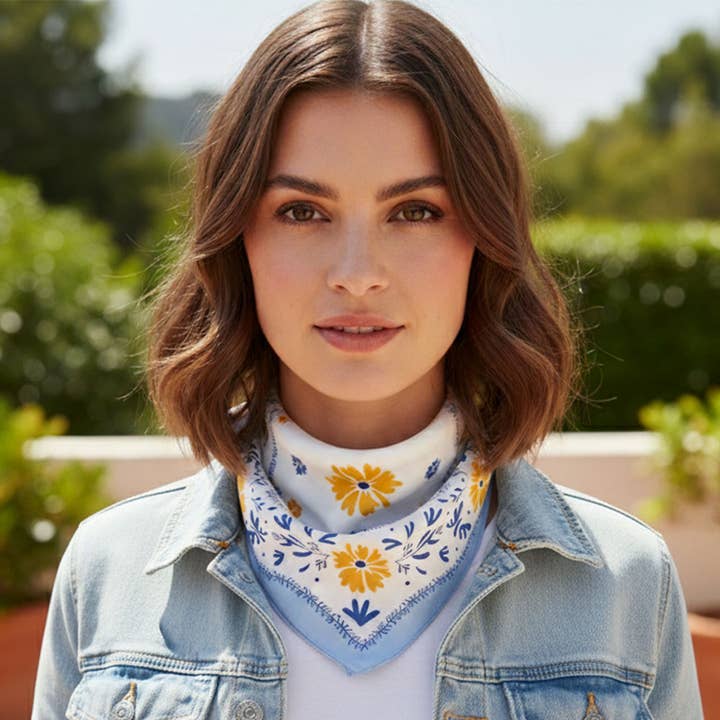 Floral Framed Border Printed Square Silky Satin Bandana Scarf for wholesale by Sensibling Corp.