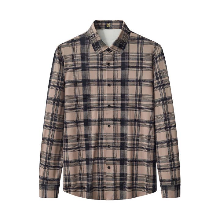 ELS106-Seamless Plaid Stretch Shirt – El Baron-KHAKI for wholesale by BAROCCO