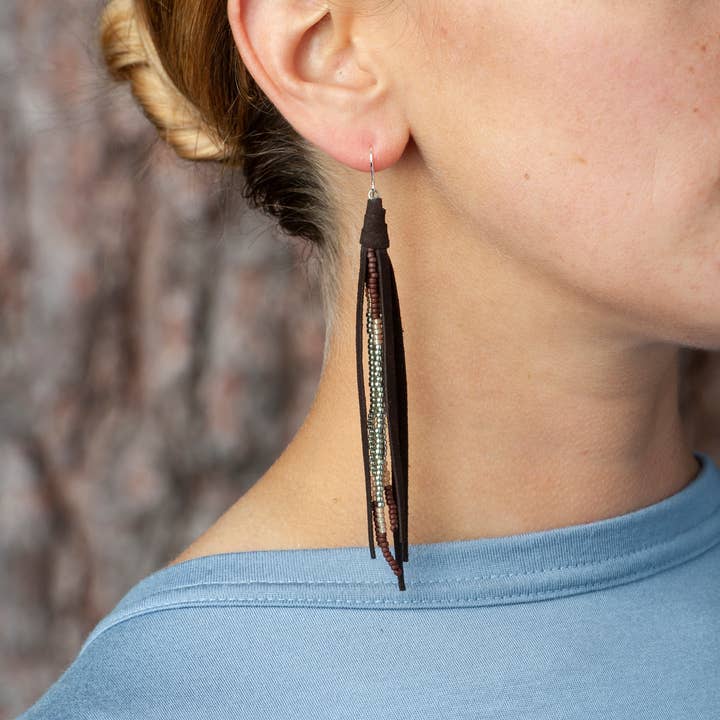 Beaded Tassel Earrings In Bean and Silver for wholesale by Presh