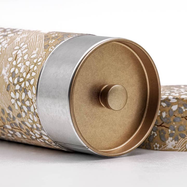 Tezumi - Wholesale Canister - Japanese Chazutsu - 江東堂 Kotodo - Gold White Floral Washi Wrapped Metal Tea Canister - 200g1