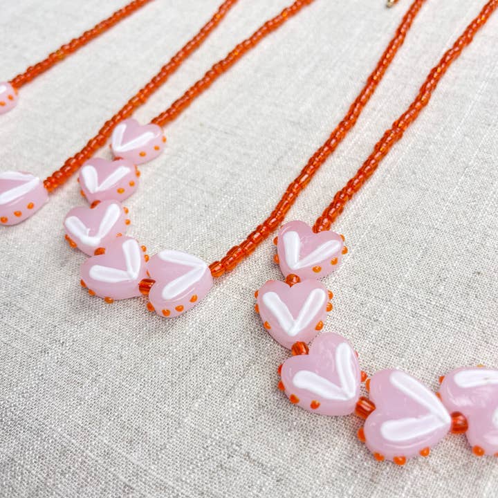 Ewelina Pas Jewelry - Wholesale Beaded/pearl necklace - Lovie/// Orange Pink Heart Lampwork Glass Beaded Necklace1