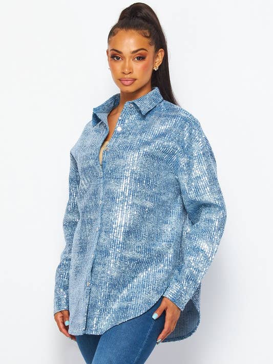 Sequin Denim Oversized Shacket - HOEA892 for wholesale by House of E ATL LLC