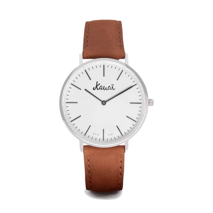 Hvidt minimalistisk ur med læderrem | Basic brun for engroshandel hos Kauai watches