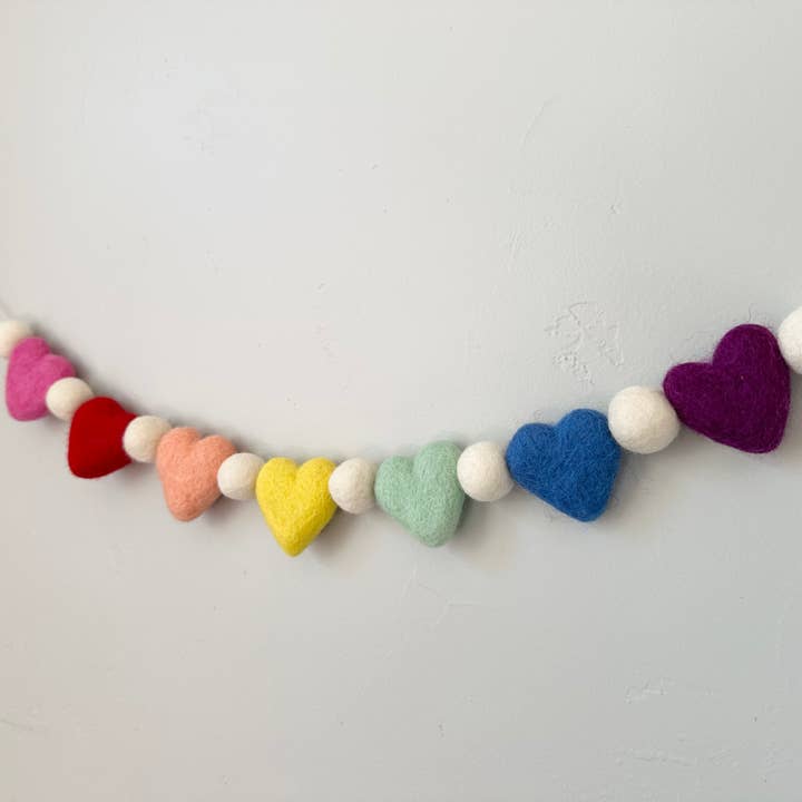 Rainbow Wool Heart Garland for wholesale by Wool Jamboree
