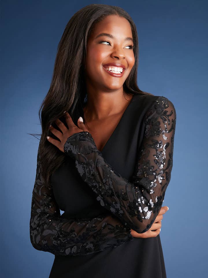 SEQUIN ILLUSION SLV A-LINE SHORT DRESS for wholesale by Maggy London Group