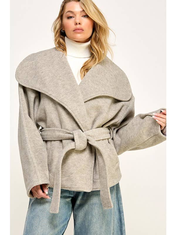Beige Melange WINTER BIG COLLAR BELTED FLEECE JACKET for wholesale on Faire