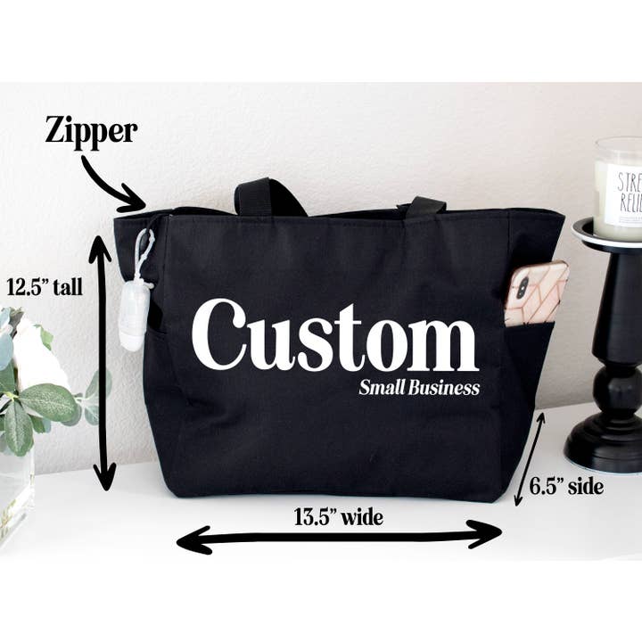 Nobullwoman Apparel - Wholesale Tote Bag - Women's - CUSTOM Small Business Tote Bag with Zipper and Side Pockets