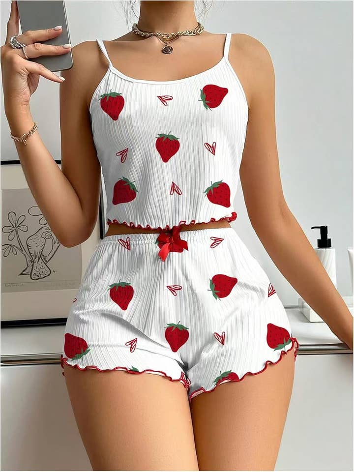 strawberry ruffle trim cropped cami boxer short Lounge Set for wholesale by HIDDENBRAND