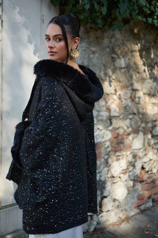 SAACHI - Wholesale Kimono - Women's - Sequin Kimono Faux Fur Jacket1