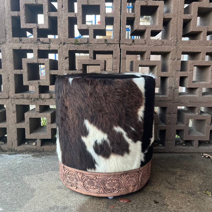 Western Linens - Wholesale Ottoman - Cowhide & Tooled Leather Ottoman