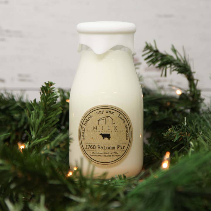 Milk Bottle Candle 1768 Balsam Fir for wholesale by Milk Reclamation Barn